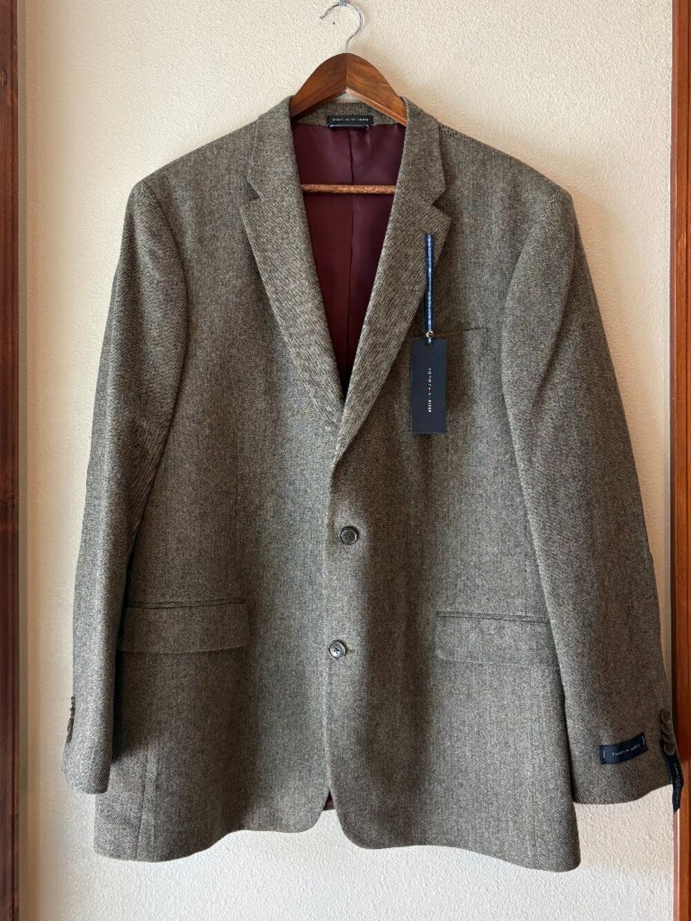 Tommy Hilfiger Brown Herringbone Tweed Sport Coat Blazer Elbow Patches Size 44L